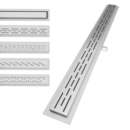 Aquamarin® Duschrinne - 40-150 cm, Komplettset, mit Siphon, Haken, verstellbare Füße, aus Edelstahl, Gebürstet, Befliesbar, Flach - Duschablauf Linear, Bodenablauf (Schlitz, 80 cm) von Aquamarin