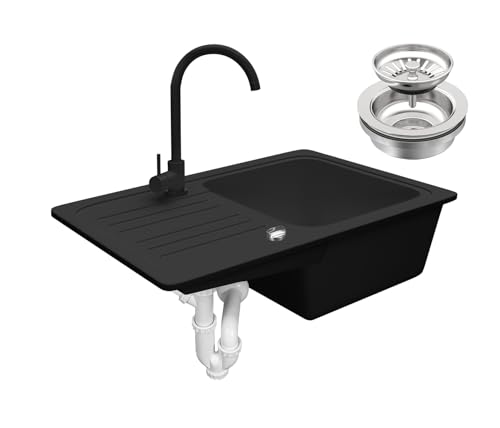 Aquamarin® Spülbecken - Granit, Set, ca. 56,9 x 44,9 cm, mit Ablaufgarnitur, Schwarzem Wasserhahn, umkehrbarer Abtropffläche, Rechteckig, Schwarz - Einbauspüle, Spüle, Verbundspüle, Küchenspüle von Aquamarin