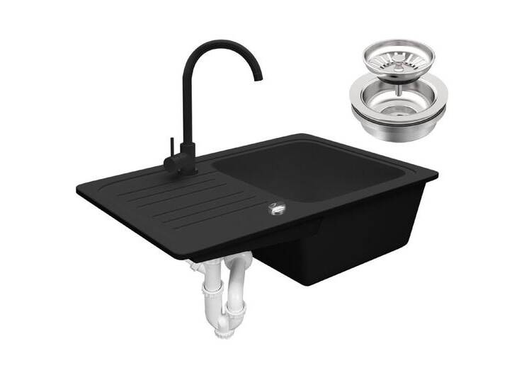 Aquamarin Granitspüle Spülbecken Granit Spüle Küchenspüle Einbauspüle mit Abtropffläche, schwarz, mitHahn von Aquamarin