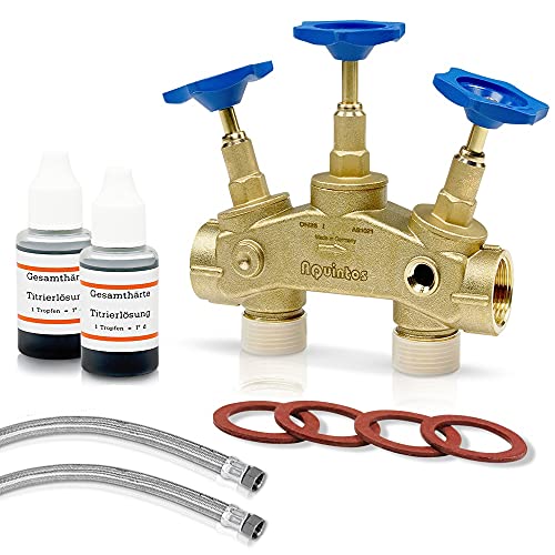 Anschluss-Set für Wasserenthärtungsanlagen 2 x 1500mm Panzerschlauch - Montageblock mit Verschneideeinrichtung und Probenentnahmehahn - Härtemessbesteck Doppelpackung 2 x 15ml von Aquintos Wasseraufbereitung