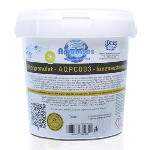Enthärterharz Ionenaustauscher für Wasserenthärtungsanlagen Entkalkungsanlagen und Wasserfilter Pure Resin PC003 5 Liter (Eimer) von Aquintos Wasseraufbereitung