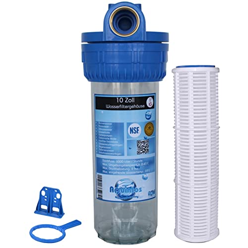 Wasserfilter 10 Zoll | Gewindegröße & Filterkerze wählbar | Vorfilter Garten & Hauswasserwerk (1 Zoll IG mit Schlüssel & Halter, 100µ Nylonfilter) von Aquintos Wasseraufbereitung