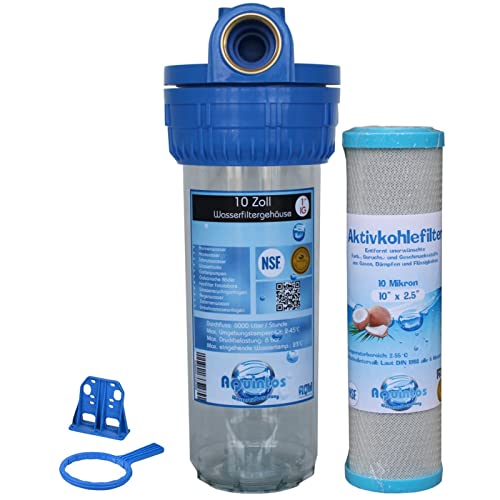 Wasserfilter 10 Zoll | Gewindegröße & Filterkerze wählbar | Vorfilter Garten & Hauswasserwerk (1 Zoll IG mit Schlüssel & Halter, 10µ Aktivkohlefilter) von Aquintos Wasseraufbereitung