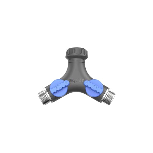 Aquor Gartenschlauch-Y-Verteiler – 2-Wege-Gartenschlauch-Y-Anschluss mit Absperrventilen – robust, hoher Durchfluss, auslaufsicher, UV- und korrosionsbeständig, passend für Standard-Außenarmaturen 1,9 von Aquor
