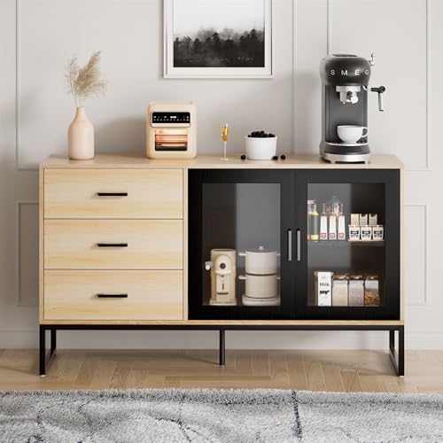 AraSyleon Buffetschrank mit Stauraum, 129,5 cm, modernes Sideboard, Kaffeebarschrank, Massivholz-Arbeitsplatte & Changhong Glastüren (Log) von AraSyleon