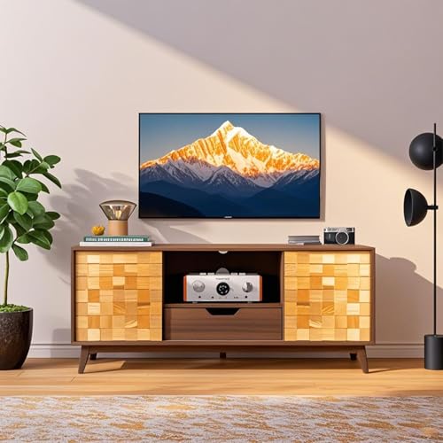AraSyleon Mid Century Moderner TV-Ständer mit Stauraum, 140 cm breiter Konsolenschrank aus Walnussholz, Unterhaltungszentrum mit verstellbaren Regalen, Beine aus Massivholz, einfache Montage von AraSyleon