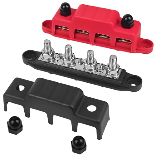 Aramanara Stromverteilerblock mit 4 x M10-Klemmbolzen, robuste 250-A-Modul-Sammelschiene mit Abdeckung, für Autos, Wohnmobile, Schiffe, Yachten, 2 Stück, 12 V-48 V (rot + schwarz) von Aramanara