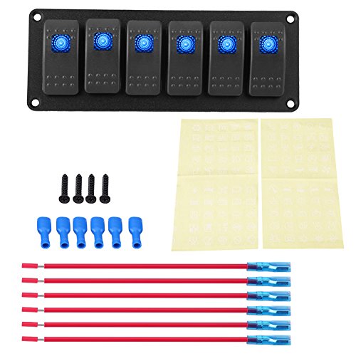 6 Gang LED Switch Panel, 12-24V 6 Gang Schalter Rocker Switch Panel Wippschalter Panel LED Switch Panel Wippschalter Druckschalter für Car RV Boat Yacht Marine(Blue LED) von Aramox