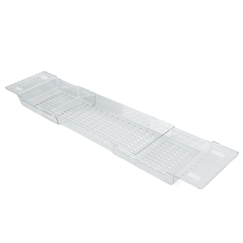 Aramox Badewanne Bad Caddy Tablett Bambus Badewanne Tisch Einstellbare Länge 56,5 cm Bis 80 cm mit Mehreren Entwässerungslöchern für das Bad Spa Entspannung (Transparent) von Aramox