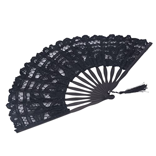 Aramox Stylish Design Vielseitiger Handfan für Hochzeitsfeierdekor mit Spitzenklapper Handlüfter Hohlen Spitze und Quasten (BLACK) von Aramox