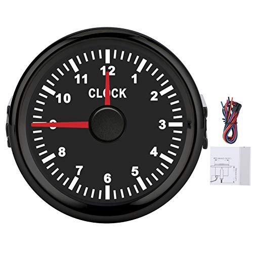Aramox Universal Dial Clock Meter,2in/52mm Clock Gauge Instrument 0-12 Stundenzähler Rote Hintergrundbeleuchtung 12V/24V für Auto Boot Yacht Motorrad(Schwarzes Zifferblatt Schwarzer Rahmen) von Aramox