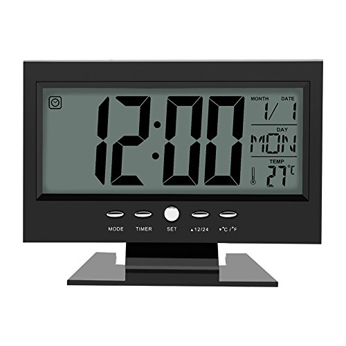 Digitaluhr Elektrische, LCD Digital Sound Sensor Tisch Schreibtisch Wecker mit Kalender und Temperaturanzeige(Black) von Aramox