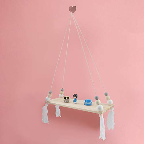 Holzwand Hängende Regal mit Perlen Quasten Design für Wohnzimmer und Schlafzimmer Einfaches und Stilvolles Wohnkultur (weiß grau) von Aramox