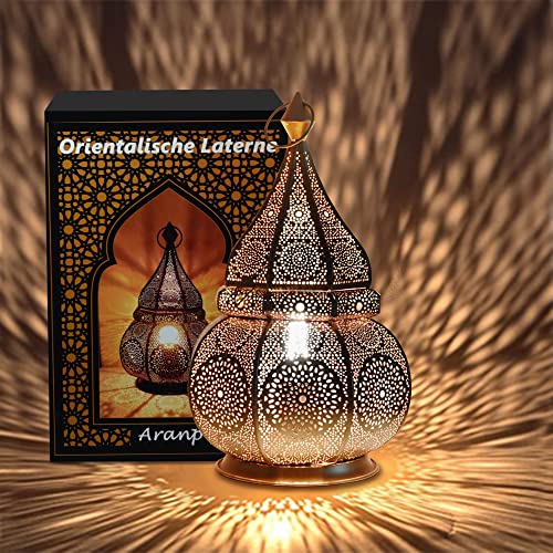 Aranp Orientalische Lampe Gold 36cm für Kerzen, Lampen E27 Fassung und LED Lichterketten | Innen und Außen Deko | Marokkanische Laterne | Arabisches Windlicht Wetterfest als Gartenlaterne von Aranp
