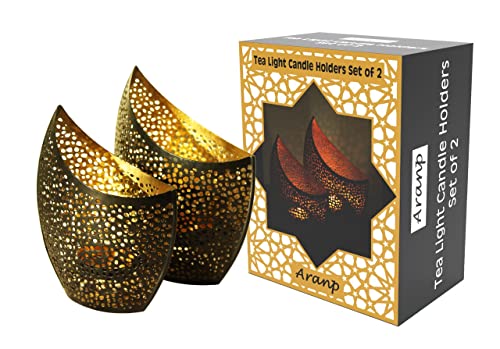 Aranp: 2er Set Windlicht Laterne orientalisch Mondsichel Design | Orientalische Vintage Teelichthalter Schwarz von außen und Goldfarben innen | Marokkanische Windlichter aus Metall als Dekoration von Aranp