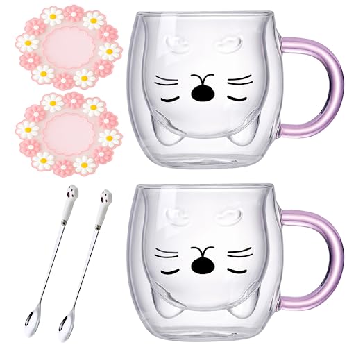 Arawat 2 Set Katzen Tasse Glas Doppelwandige Gläser Katze mit Pink Henkel Kaffeetasse mit Löffel & Untersetzer Kaffeebecher Tassen Katze Gläser Teetasse Geburtstag Geschenk für Frauen Freundin von Arawat