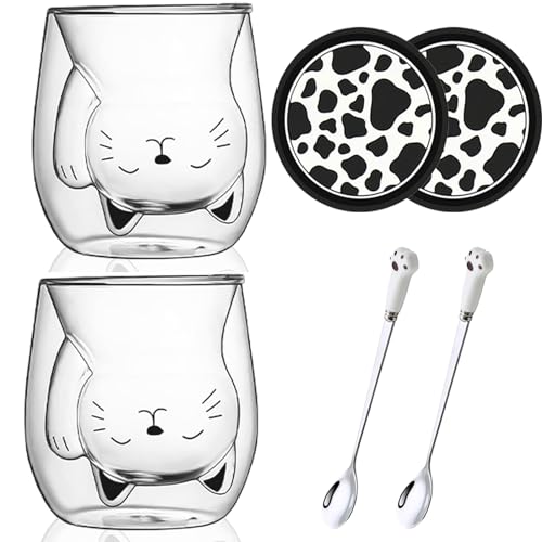 Arawat 2 Set Katzen Tasse Glas Doppelwandige Gläser mit Henkel Katze Geschenk für Frauen Kaffeetasse mit Löffel & Untersetzer Kaffeebecher Tassen Trinkgläser Katze Gläser Teetasse Espressotassen von Arawat