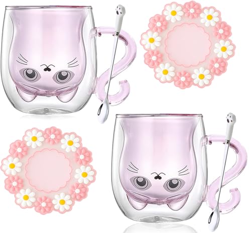 Arawat 2 Set Katzen Tasse Rosa Glas Doppelwandige Gläser Katze mit Pink Henkel Kaffeetasse mit Löffel & Untersetzer Kaffeebecher Tassen Katze Gläser Teetasse Geburtstag Geschenk für Frauen Freundin von Arawat