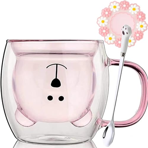 Arawat Cute Doppelwandige Gläser Süß Bär Tassen Pink Kaffeegläser Kaffeetasse mit Henkel Teegläser mit Löffel & Untersetzer Bär Kaffeebecher Tassen Geburtstag Geschenk für Oma Mutter Mama von Arawat