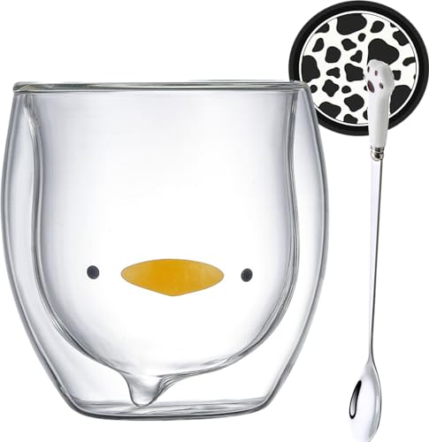Arawat Ente Tasse Glas Doppelwandige Gläser mit Henkel Ente Geschenk für Frauen Trinkgläser Ente Kaffeetasse mit Löffel & Untersetzer Kaffeebecher Tassen Gläser Teetasse Espressotassen von Arawat