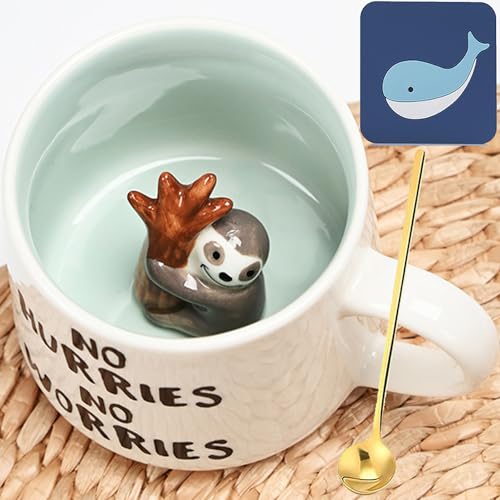 Arawat Faultier Tasse Geschenk Lustige Kaffeetasse 3D Tier Keramiktasse 350ml Teetasse mit Löffel & Untertasse Kaffeetasse süße Teetasse Geburtstagsgeschenk für Freund Frau Mann von Arawat