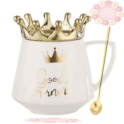 Arawat Good Morning Tasse mit Deckel Süße Tasse Geschenk mit Krone Weiß Tee Kaffee Becher mit Löffel & Untersetzer 350 ml Keramik Tasse Geburtstagsgeschenk für Frauen Mädchen Mama Freundin von Arawat