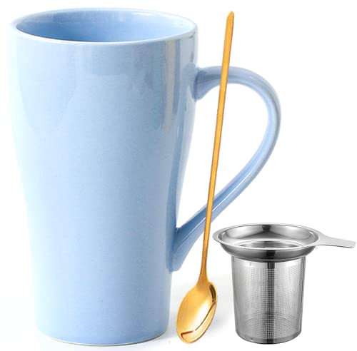 Arawat Groß Tasse 500 ml Teetasse mit Sieb XXL Kaffeetasse Keramik Teetasse Original mit Löffel & Untersetzer 500 ml Kaffeebecher Cute Geburtstagsgeschenk Tee Kaffee Tasse Geschenk (Blau) von Arawat