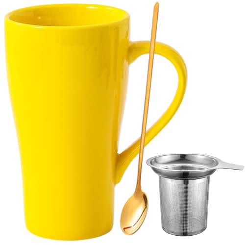 Arawat Groß Tasse 500 ml Teetasse mit Sieb XXL Kaffeetasse Keramik Teetasse Original mit Löffel & Untersetzer 500 ml Kaffeebecher Cute Geburtstagsgeschenk Tee Kaffee Tasse Geschenk (Gelb) von Arawat