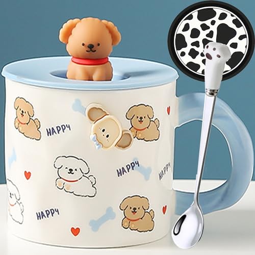 Arawat Hund Tasse mit Deckel 3d Tassen Tier Hund Tasse Geschenk Cute Hund Tasse Kaffeetasse Keramik 400 ml Teetasse Tee Kaffee Becher Süße Geburtstagsgeschenk für Frauen Männer Freund Jungen von Arawat