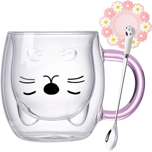 Arawat Katzen Tasse Glas Doppelwandige Gläser Katze mit Pink Henkel Kaffeetasse mit Löffel & Untersetzer Kaffeebecher Tassen Trinkgläser Katze Gläser Teetasse Geburtstag Geschenk für Frauen Freundin von Arawat