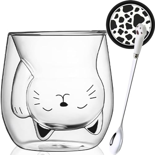 Arawat Katzen Tasse Glas Doppelwandige Gläser mit Henkel Katze Geschenk für Frauen Katze Trinkgläser Kaffeetasse mit Löffel & Untersetzer Kaffeebecher Tassen Gläser Teetasse Espressotassen von Arawat