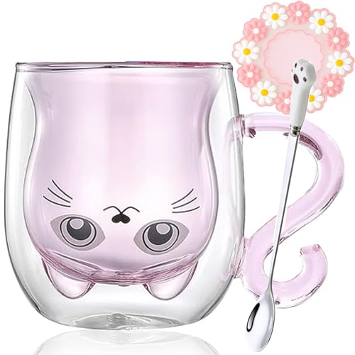 Arawat Katzen Tasse Rosa Glas Doppelwandige Gläser Katze mit Pink Henkel Kaffeetasse mit Löffel & Untersetzer Kaffeebecher Tassen Katze Gläser Teetasse Geburtstag Geschenk für Frauen Freundin von Arawat