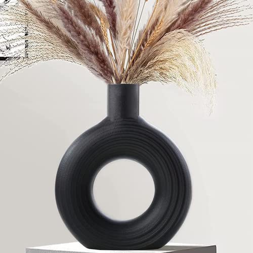 Arawat Donut Vase für Pampasgras Deko Wohnzimmer Modern Schwarz Donut Vasen Dekorative Aesthetic Vase Blumenvase Keramik Tulpenvase Geschenk Deko Modern Vase Nordische 23x20x6.5cm Vase Schwarz Matt von Arawat