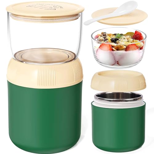 Arawat Lunchpot Grün Müslibecher To Go 700ml Isolierter Edelstahl To Go Becher Auslaufsichere Joghurtbecher Müsli Unterwegs Becher Mikrowelle Spülmaschinenfest Lunch Becher Dose für Joghurt und Müsli von Arawat