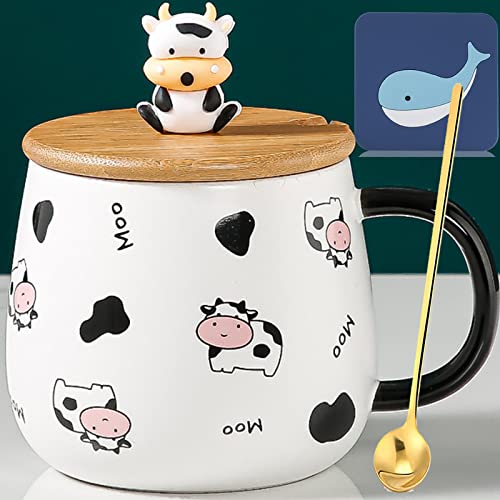 Arawat Kuh Tasse mit Deckel Lustige Kaffeetasse Kuh Geschenk 400 ml Keramik Teetasse mit Löffel & Untersetzer Weihnachten Cute Groß Tee Kaffee Becher Tassen Süße Geburtstagsgeschenk für Freund von Arawat