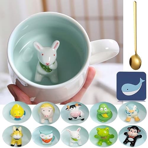 Arawat Tasse Kaninchen 3d Tasse Hase Geschenk Lustige Tier Kaffeetasse Keramik 350 ml Teetasse mit Löffel & Untersetzer Süße Tee Kaffee Becher Cute Geburtstagsgeschenk für Freund Freundin Tante Oma von Arawat