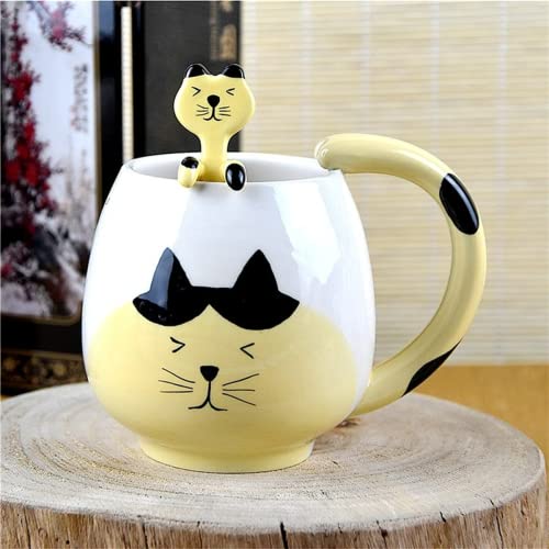 Arawat Lustige Tasse Kaffeetasse Süß Tasse Katze Keramik Teetasse mit Löffel & Untersetzer 420 ml Groß 3D Kaffeebecher Cute Katze Tasse Geburtstagsgeschenk für Freundin Freund Jungen Frauen Männer von Arawat