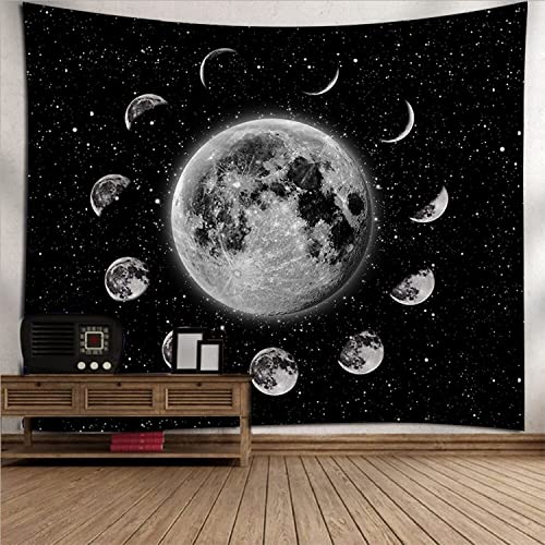 Arawat Mond Wandteppich Mondphasen Wandtuch Schwarz Weiß Wandteppich Mond Wanddeko Psychedelic Teppich Gothic Tapestry Trippy Wandteppiche Wandtuch Wandbehang Boho Wand Deko (150 x 130cm) von Arawat