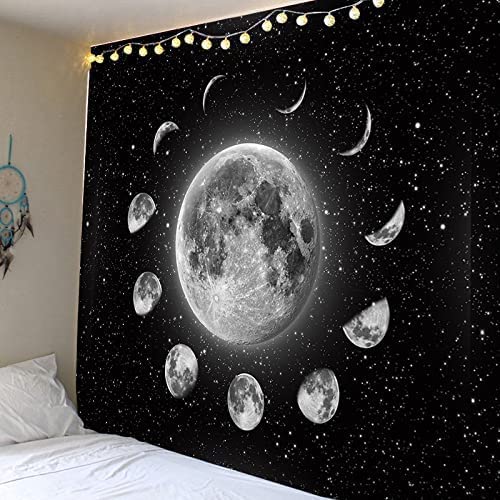 Arawat Mond Wandteppich Mondphasen Wandtuch Schwarz Weiß Wandteppich Mond Wanddeko Psychedelic Teppich Gothic Trippy Tapestry Wandteppiche Wandtuch Wandbehang Boho Wand Deko (150 x 200cm) von Arawat