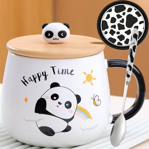 Arawat Panda Tasse mit Deckel Panda Geschenk Süße Kaffeetasse 400 ml Keramik Teetasse mit Löffel & Untersetzer Cute Tee Kaffee Becher Tassen Geburtstagsgeschenk für Frauen Männer Freund Jungen von Arawat