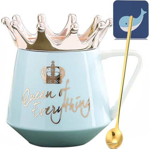 Arawat Queen of Everything Tasse mit Deckel Krone 350 ml Queen Elizabeth Tasse Geschenk Blau Keramik Tasse Geburtstagsgeschenk zum 20 30 40 50 60 70 80 90 Frauen Geschenk für Freundin Mädchen Mama von Arawat