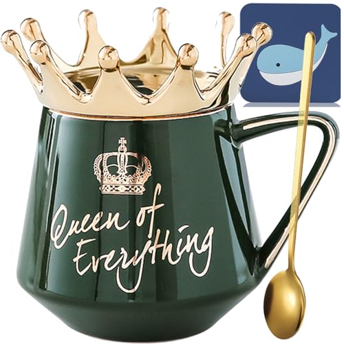 Arawat Queen of Everything Tasse mit Deckel Krone 350 ml Queen Elizabeth Tasse Geschenk Keramik Tasse Geburtstagsgeschenk zum 20 30 40 50 60 70 80 90 Frauen Geschenk für Frauen Freundin Mädchen Mama von Arawat