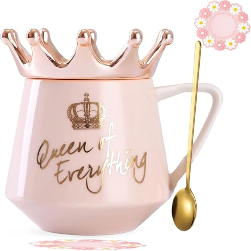 Arawat Queen of Everything Tasse mit Deckel Krone Rosa 350 ml Keramik Tasse Queen Elizabeth Tasse Geschenk Geburtstagsgeschenk zum 20 30 40 50 60 70 80 Frauen Geschenk für Freundin Mädchen Mama Oma von Arawat