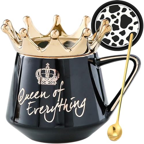 Arawat Queen of Everything Tasse mit Deckel Schwarz Krone Queen Elizabeth Tasse Geschenk 350 ml Tasse Geburtstagsgeschenk zum 20 30 40 50 60 70 80 90 Frauen Geschenk für Freundin Mädchen Mama Oma von Arawat