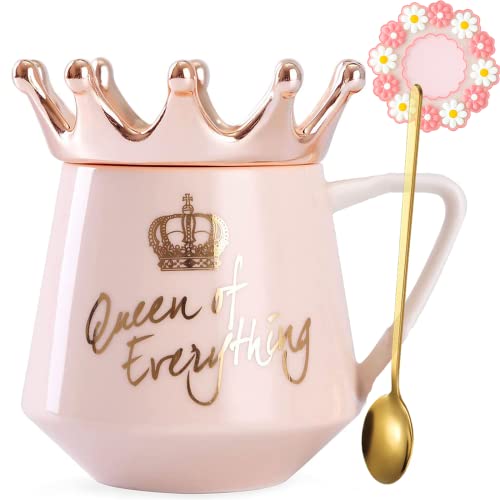 Arawat Rosa Queen of Everything Tasse mit Deckel Süße Rosa Tasse mit Krone Tee Kaffee Becher Geschenk mit Löffel & Untersetzer 350 ml Keramik Tasse Geburtstagsgeschenk für Frauen Mädchen Mama Freundin von Arawat