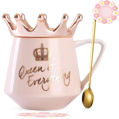 Arawat Queen of Everything Tasse mit Deckel Krone Queen Elizabeth Rosa 350 ml Keramik Geburtstagsgeschenk zum 20 30 40 50 60 70 80 90 Frauen Geschenk für Freundin Mädchen Mama Oma von Arawat