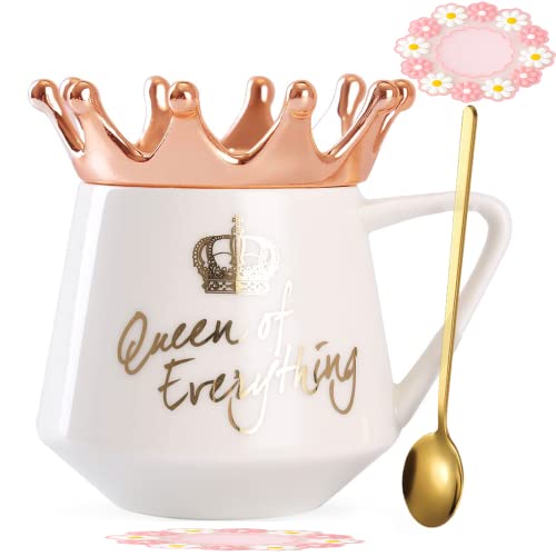 Arawat Queen of Everything Tasse mit Deckel Süße Tasse Geschenk mit Krone Weiß Kaffee Becher mit Löffel & Untersetzer 350 ml Keramik Tee Tasse Geburtstagsgeschenk für Frauen Mädchen Mama Freundin von Arawat