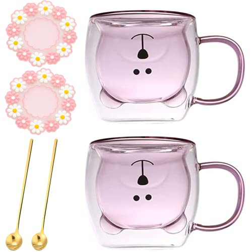 Arawat Süße Doppelwandige Kaffee Gläser 2 Set Bären Kaffeetasse mit Löffel & Untersetzer Bär Kaffeebecher 250ml Pink Tee Tassen Cute Weihnachtstasse Teetasse Geburtstag Weihnachten Tasse Geschenk von Arawat