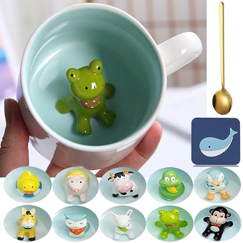 Arawat Tasse Frosch 3D Tier Tassen Geschenke mit Frosch Figur Innen 350 ml Teetasse mit Löffel Untersetzer Cute Kaffee Tee Becher Frog Mug Geburtstagsgeschenk für Freund Jungen Frauen Männer von Arawat