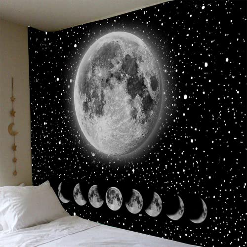 Arawat Wandteppich Mondphasen Wandtuch Mond Schwarz Weiß Wandteppich Mond Wanddeko Psychedelic Teppich Gothic Trippy Tapestry Wandteppiche Wandtuch Wandbehang Boho Wand Deko (150 x 200cm) von Arawat